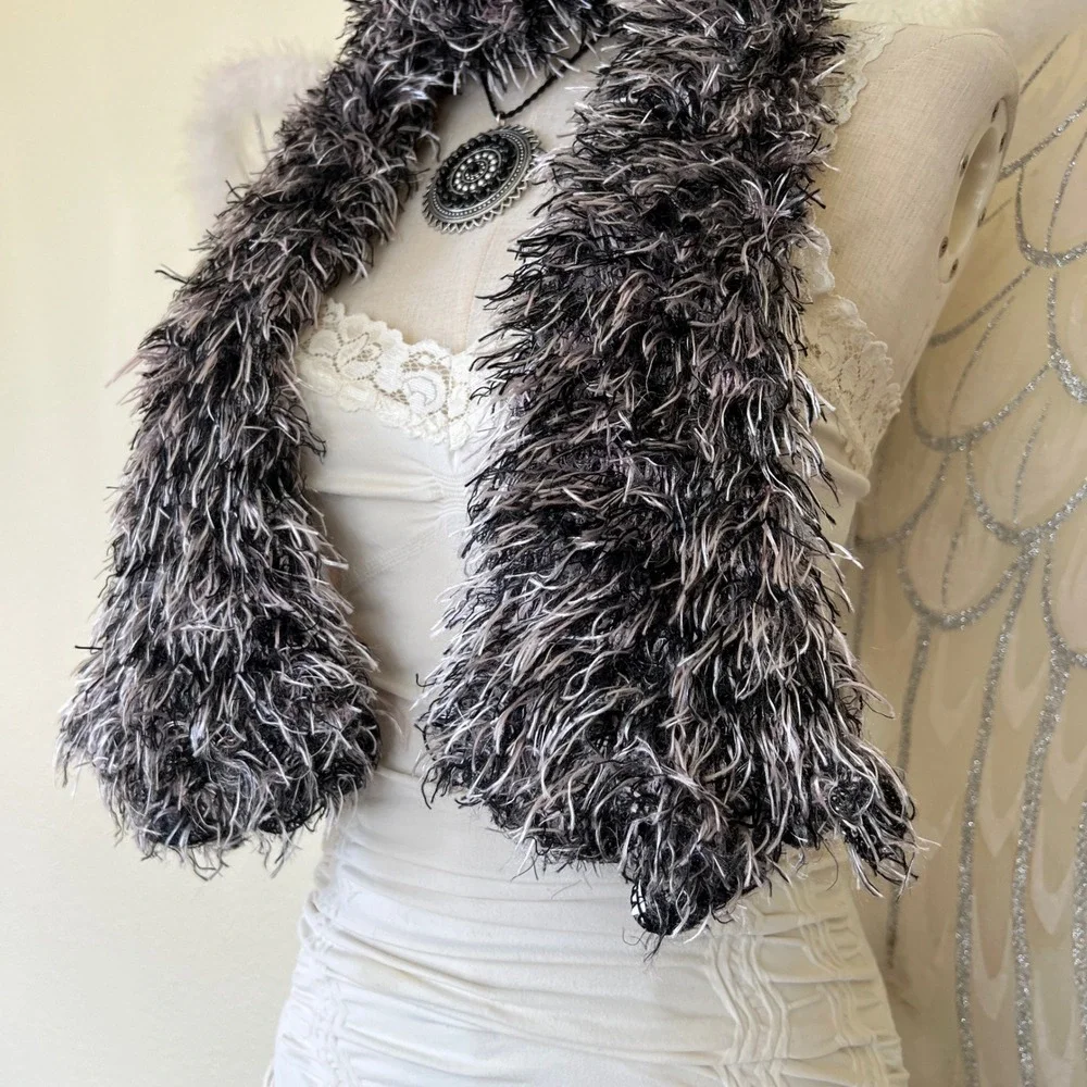 Black and White Fuzzy Eyelash Knit Scarf Soft Textured Y2K Rave Soft Girl Grunge